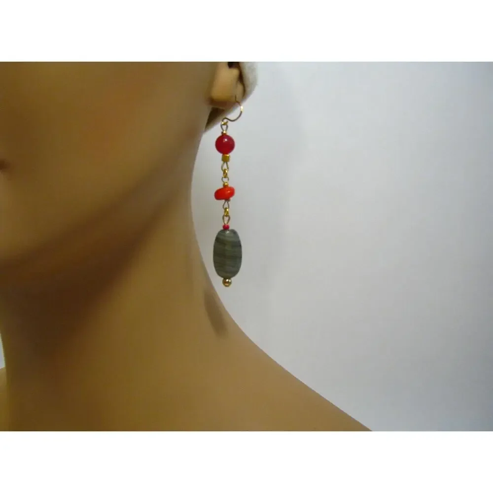 Set of Handcrafted BOHO style Glass Beaded Hoop and Chandelier Drop Earrings